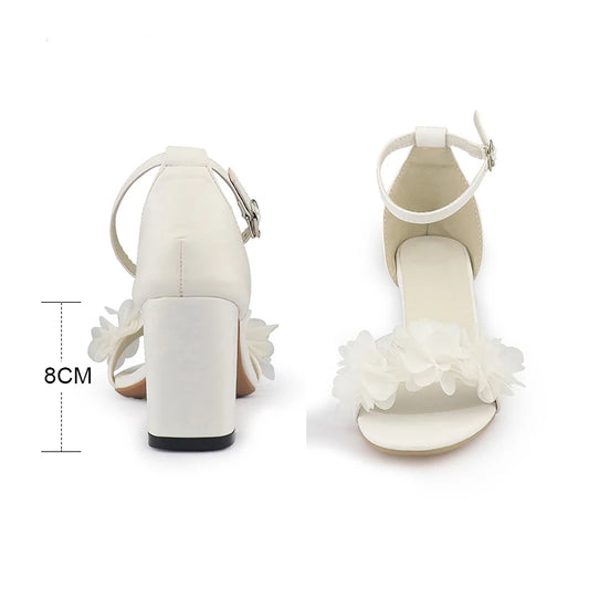 White Floral Sandals Summer Wedding Shoes.