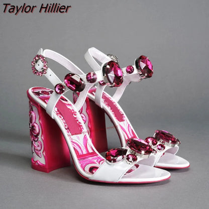 Bohemia Rhinestone Thick Heel Open Toe Sandals.
