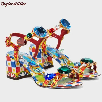 Summer Gemstone Thick Heel Printed Dress Sandals for Women.