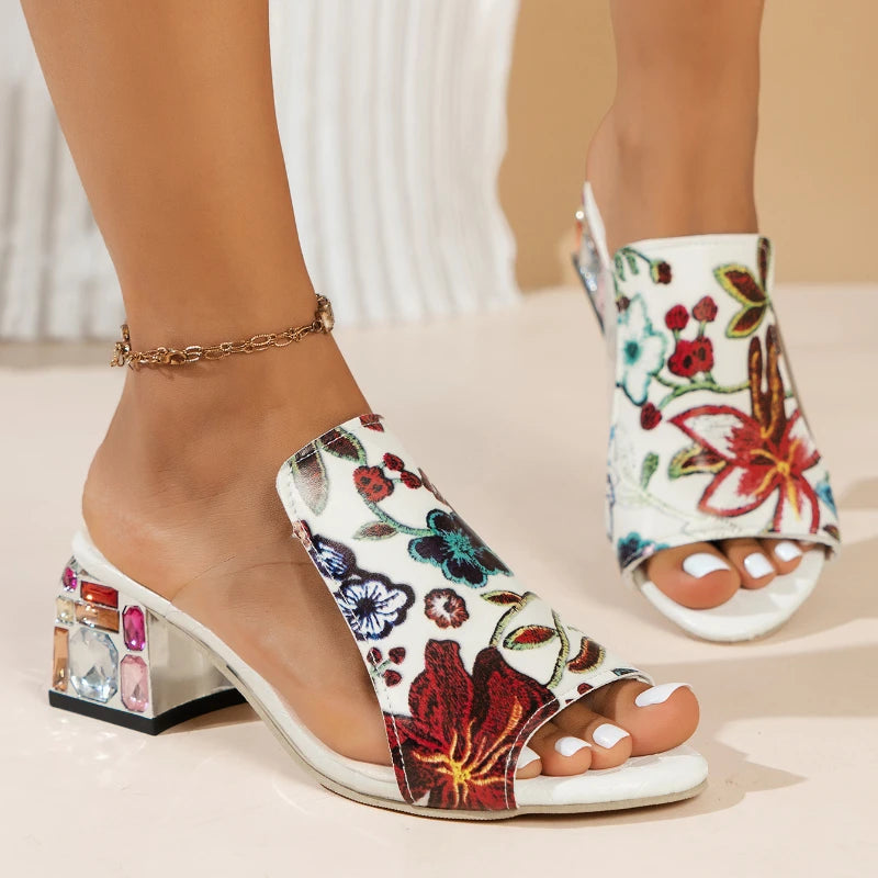 Women Slippers Floral Print Genuine Leather.