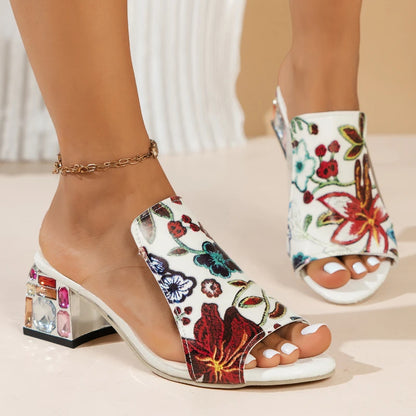 Women Slippers Floral Print Genuine Leather.