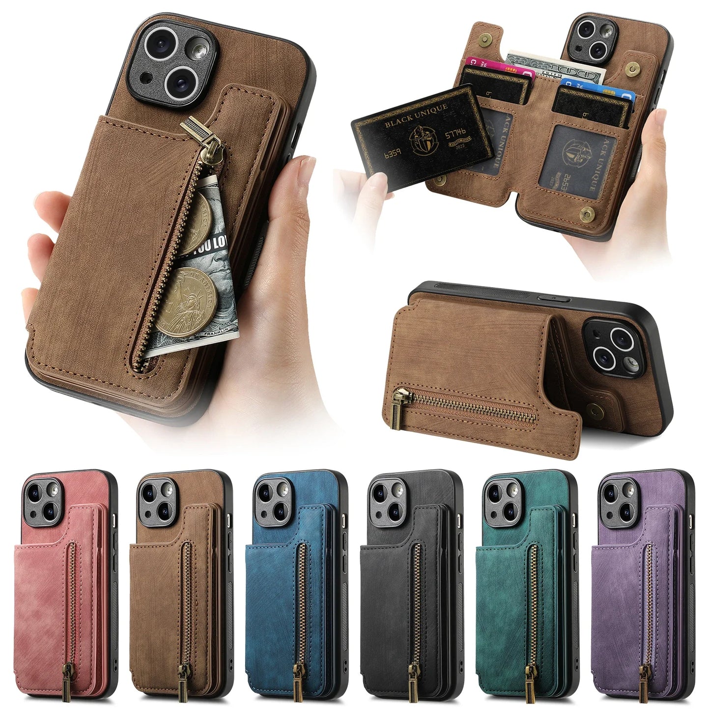 Zipper Cards Solt Wallet Leather Case For iPhone