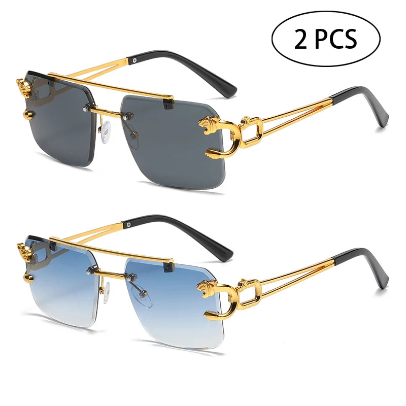 Rimless Square Double Bridge Sun Glasses Vintage Unisex.