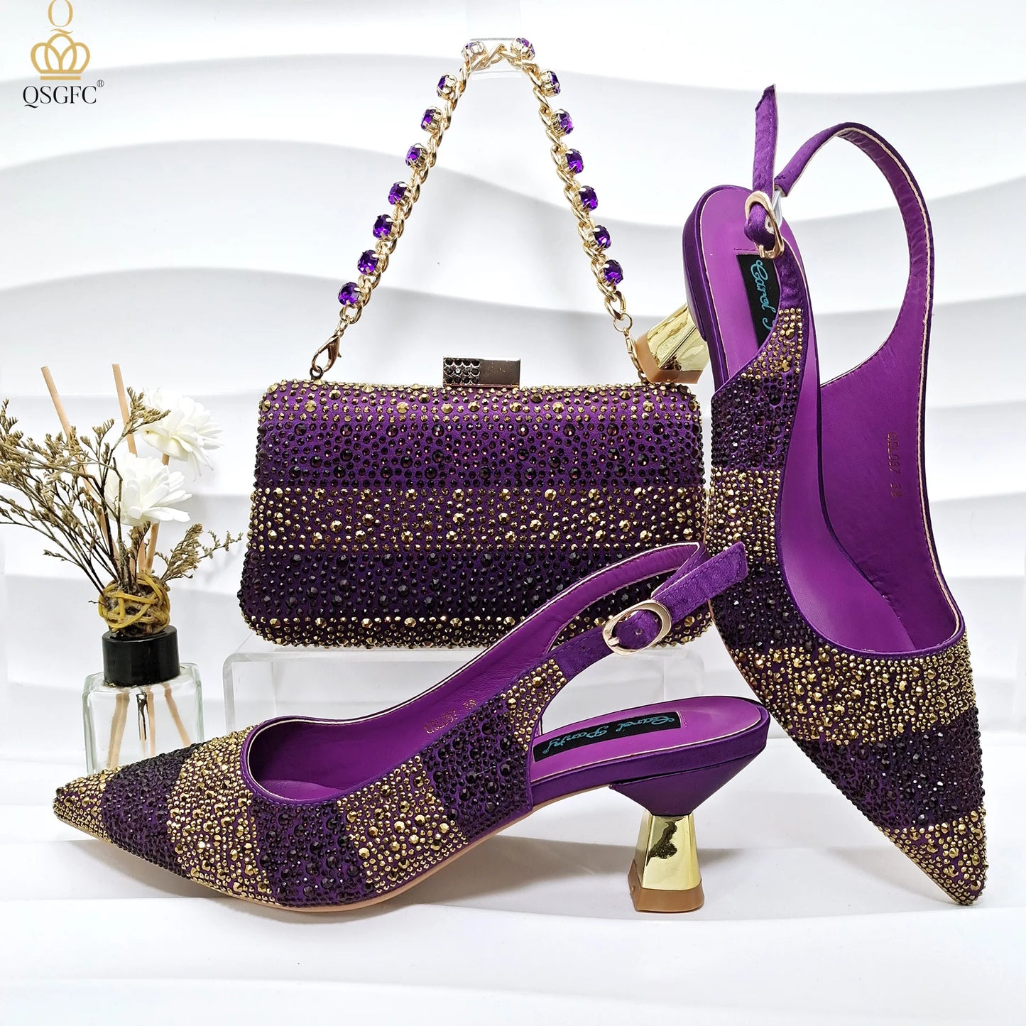 Women Heel Party Shoes Italian Design. Green Shoes And Bag Set.