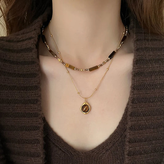 Retro Temperament Layered Tiger Eye Stone Pendant Necklace.