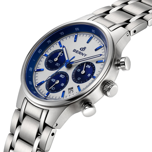 BERNY Men’s Chronograph Watch | Sapphire Stainless Steel Panda Dial
