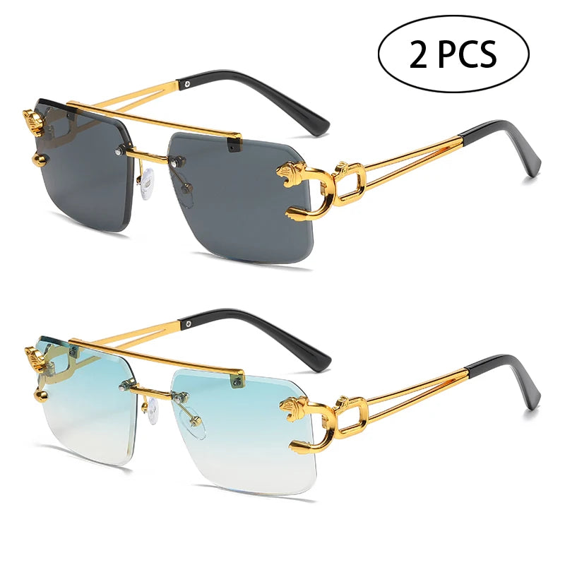 Rimless Square Double Bridge Sun Glasses Vintage Unisex.