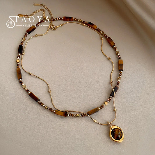 Retro Temperament Layered Tiger Eye Stone Pendant Necklace.