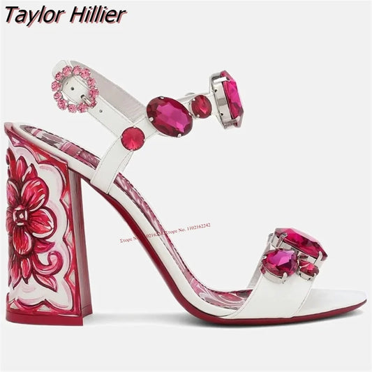 Bohemia Rhinestone Thick Heel Open Toe Sandals.