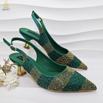 Women Heel Party Shoes Italian Design. Green Shoes And Bag Set.