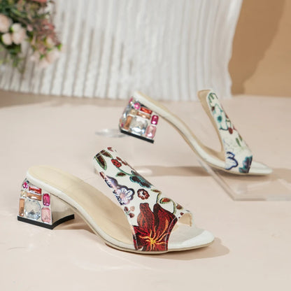 Women Slippers Floral Print Genuine Leather.