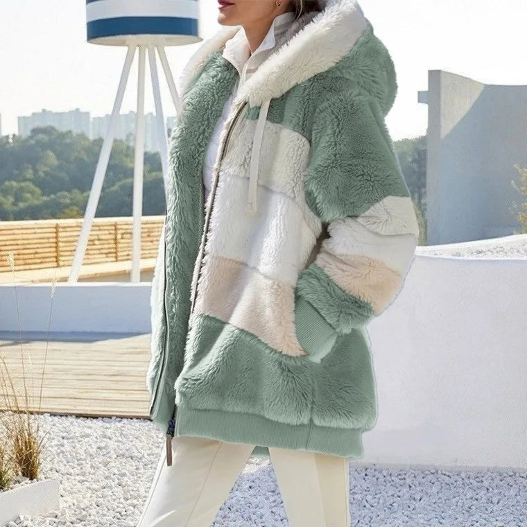 Oversized Plush Hooded Jacket for Women – Fall & Winter