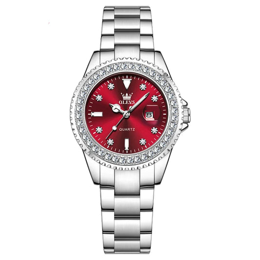 OLEVS Elegant Women’s Watch | Red Stainless Steel Quartz Calendar