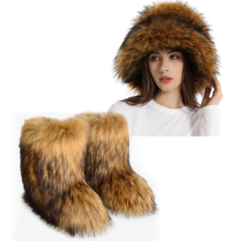 Women's Fur Snow Boots with Hat.