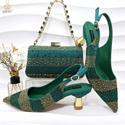 Women Heel Party Shoes Italian Design. Green Shoes And Bag Set.