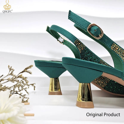 Women Heel Party Shoes Italian Design. Green Shoes And Bag Set.