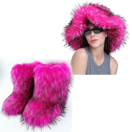 Women's Fur Snow Boots with Hat.