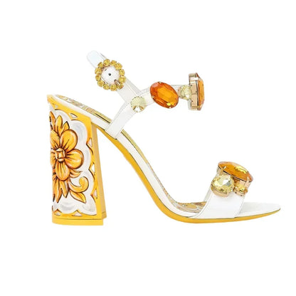 Summer Gemstone Thick Heel Printed Dress Sandals for Women.