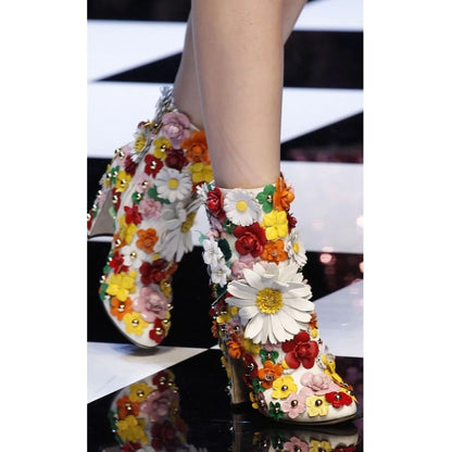 Mixed Color Flower Crystal Mid Calf Boots.