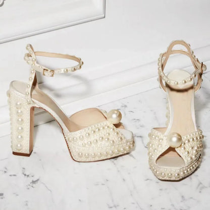Beaded Thick Heel Platform Sandals For Women.