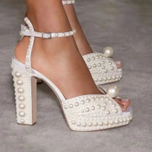 Beaded Thick Heel Platform Sandals For Women.