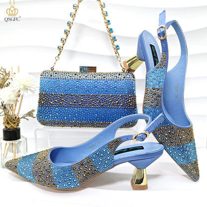 Women Heel Party Shoes Italian Design. Green Shoes And Bag Set.
