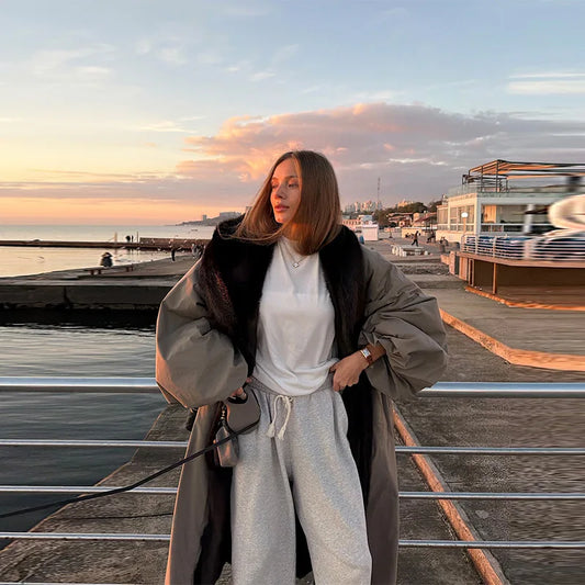 oversize long winter coat women faux fur collar