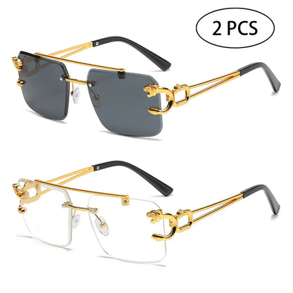 Rimless Square Double Bridge Sun Glasses Vintage Unisex.