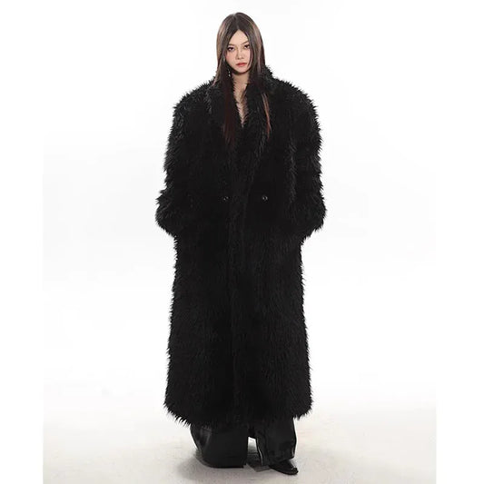 BLAKESTORE-NG black / XXL Women's wool fur coat artificial fox fur long fur coat winter warm plus long thick plush trench coat