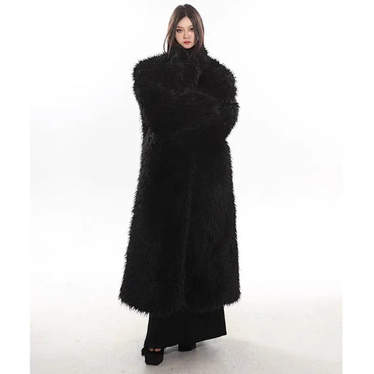BLAKESTORE-NG Women's wool fur coat artificial fox fur long fur coat winter warm plus long thick plush trench coat