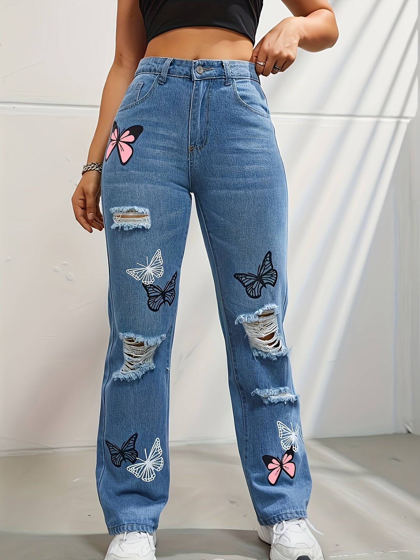 Trendy High Waisted Butterfly Leg Jeans For Women - BLAKESTORE-NG
